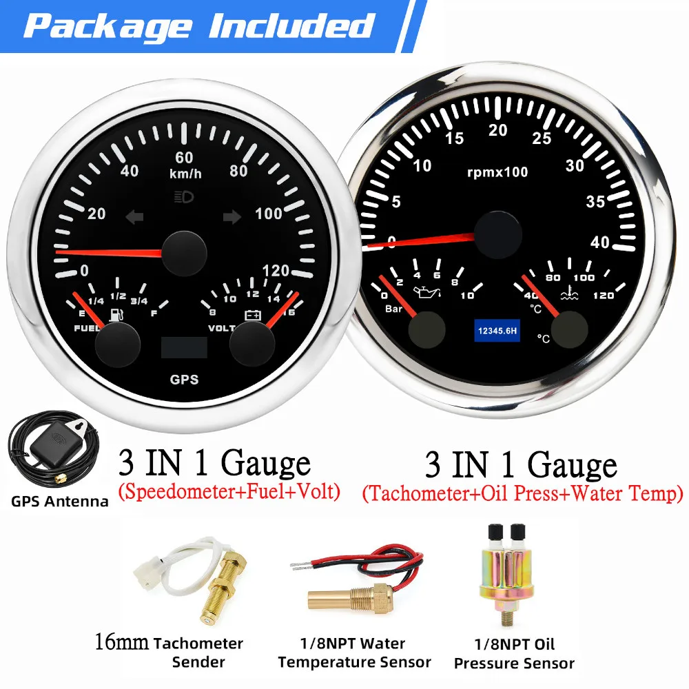 

Изготовленный набор 2 манометра с комплектом датчиков 3 В 1 85 мм GPS Спидометр Вольт Тахометр Топливо Температура воды Манометр давления масла для автомобиля
