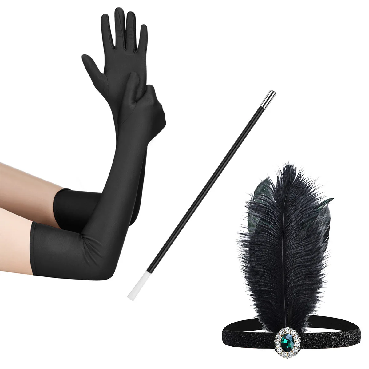 

4pcs 1920s Great Gatsby Accessories Set Feather Flapper Headband Long Satin Gloves for Hen Party Decorations Halloween Supplies