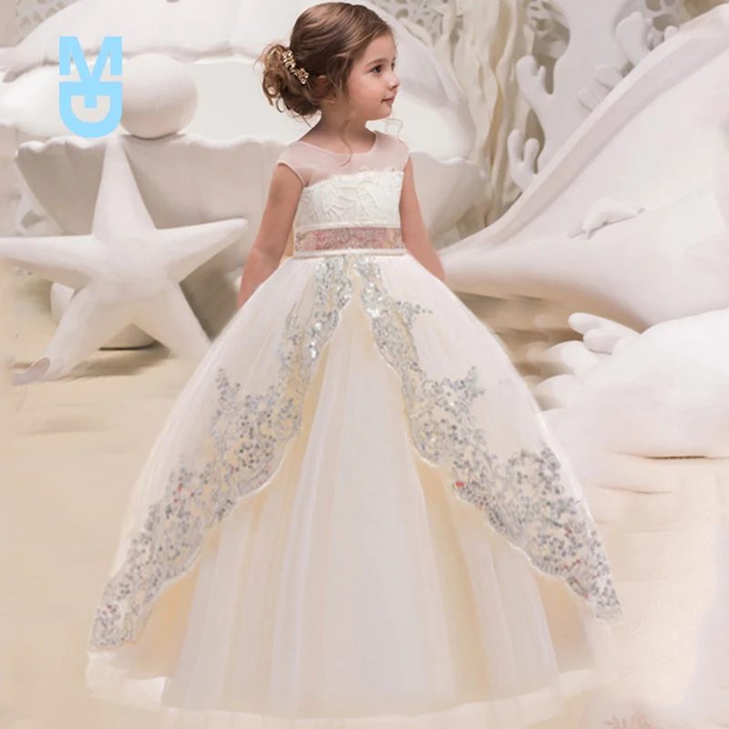 

New Christmas White Long Bridesmaid Kids Clothes Girls Sequin Gown Party Wedding Clothing Baby Princess 8 10 12 Years Vestidos