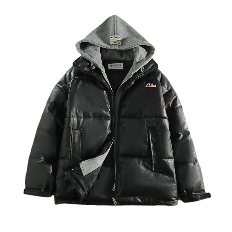 Winter PU Men Parkas Harajuku  Solid Color Warm Hooded Jackets Casual Thickened Fake Loose Two Piece Coats Couple Outwear