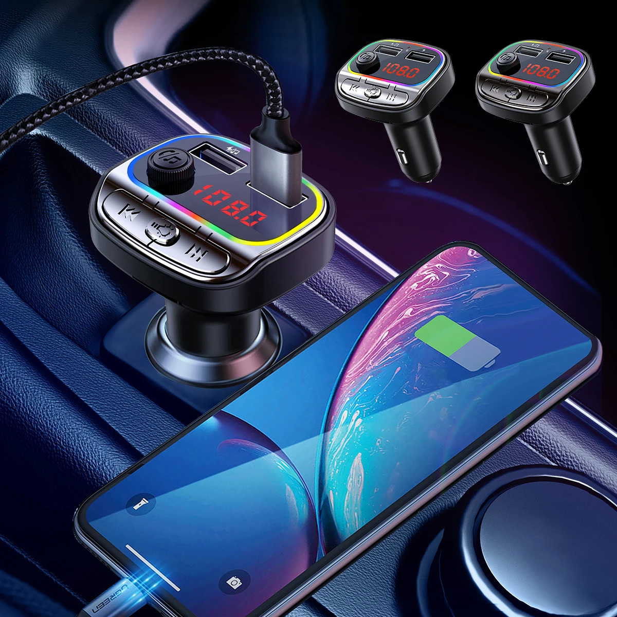 

Bluetooth FM Transmitter for Car Bluetooth5.0 Car Radio Adapter with 3.1A Port Dual USB Charging Car MP3 Player Kit with 7 Color