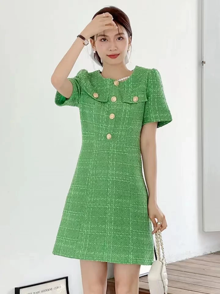 

High Quality French Vintage Small Fragrance Tweed Dresses For Women 2022 Korean Fashion Casual Green Party Dress Party Vestidos