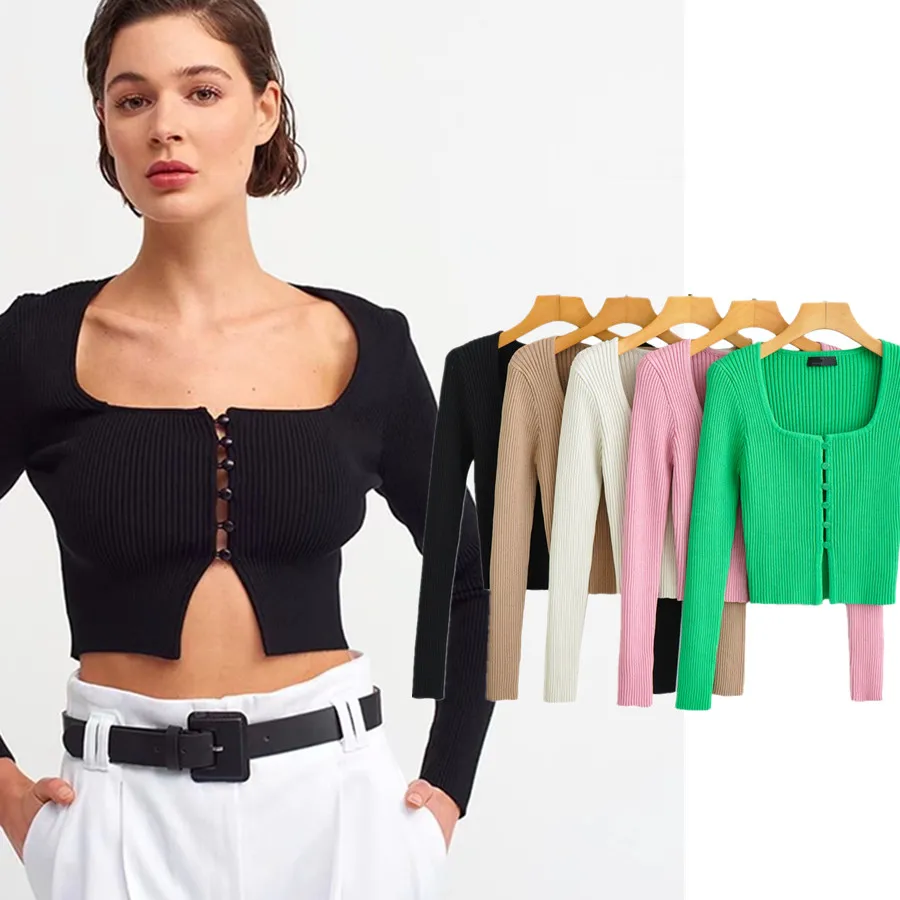 

Jenny&Dave England Style Knitted Colorful Sexy Short Cardigans Women High Street Retro Square Collar Single Breasted Crop Tops