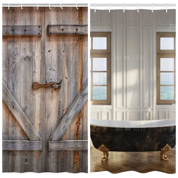 Rustic Wooden Barn Door Antique Shower Curtain Retro Bathtub In Modern Room Interior Hardwood Classics Space Design