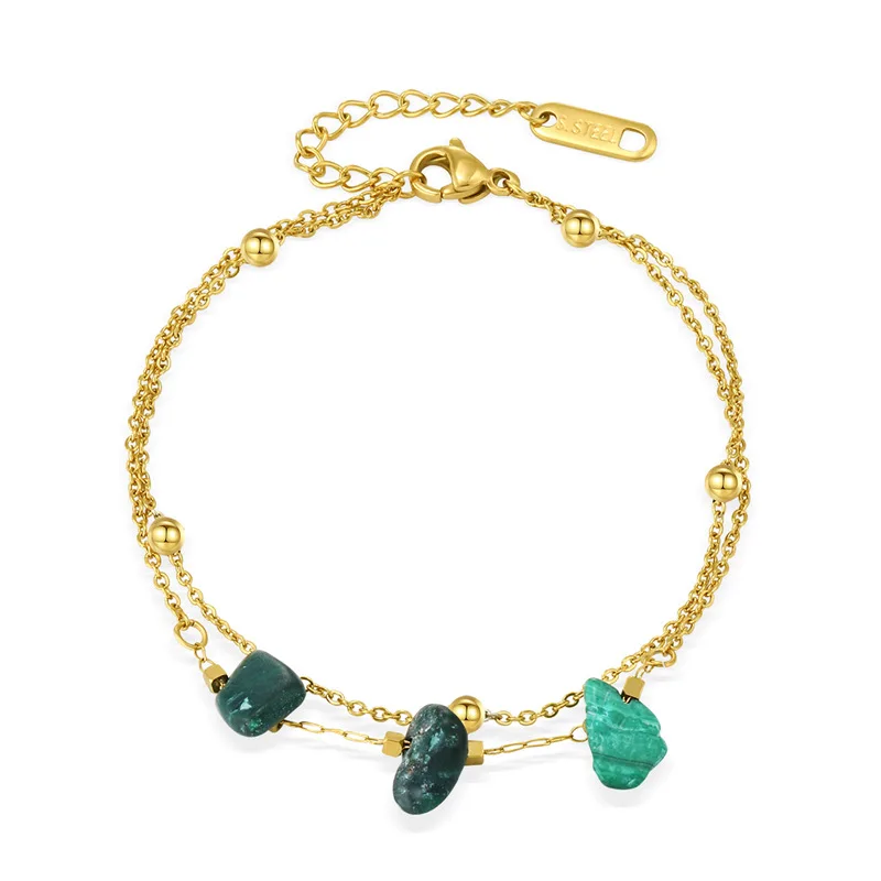 Women's Classic Boho Stainless Steel Bracelet Set With Malachite Zircon Paved Beaded Ins Fashion Bangles 