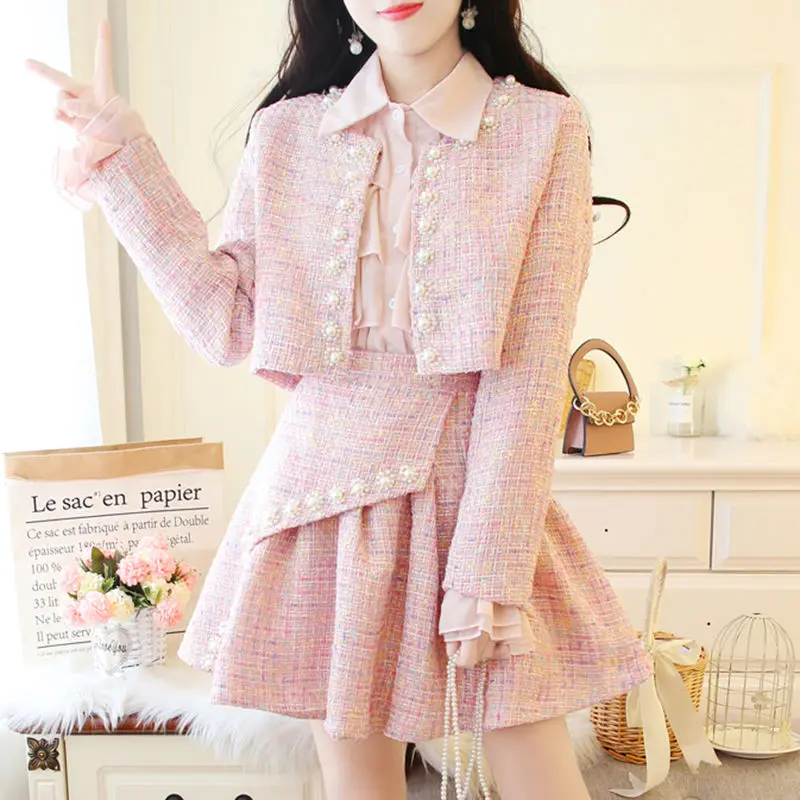 Women Tweed Vintage Three Piece Skirt Suits Sets Female Coat and A-line Skirt Outfits Sets Elegant Fashion Three Piece Sets G512