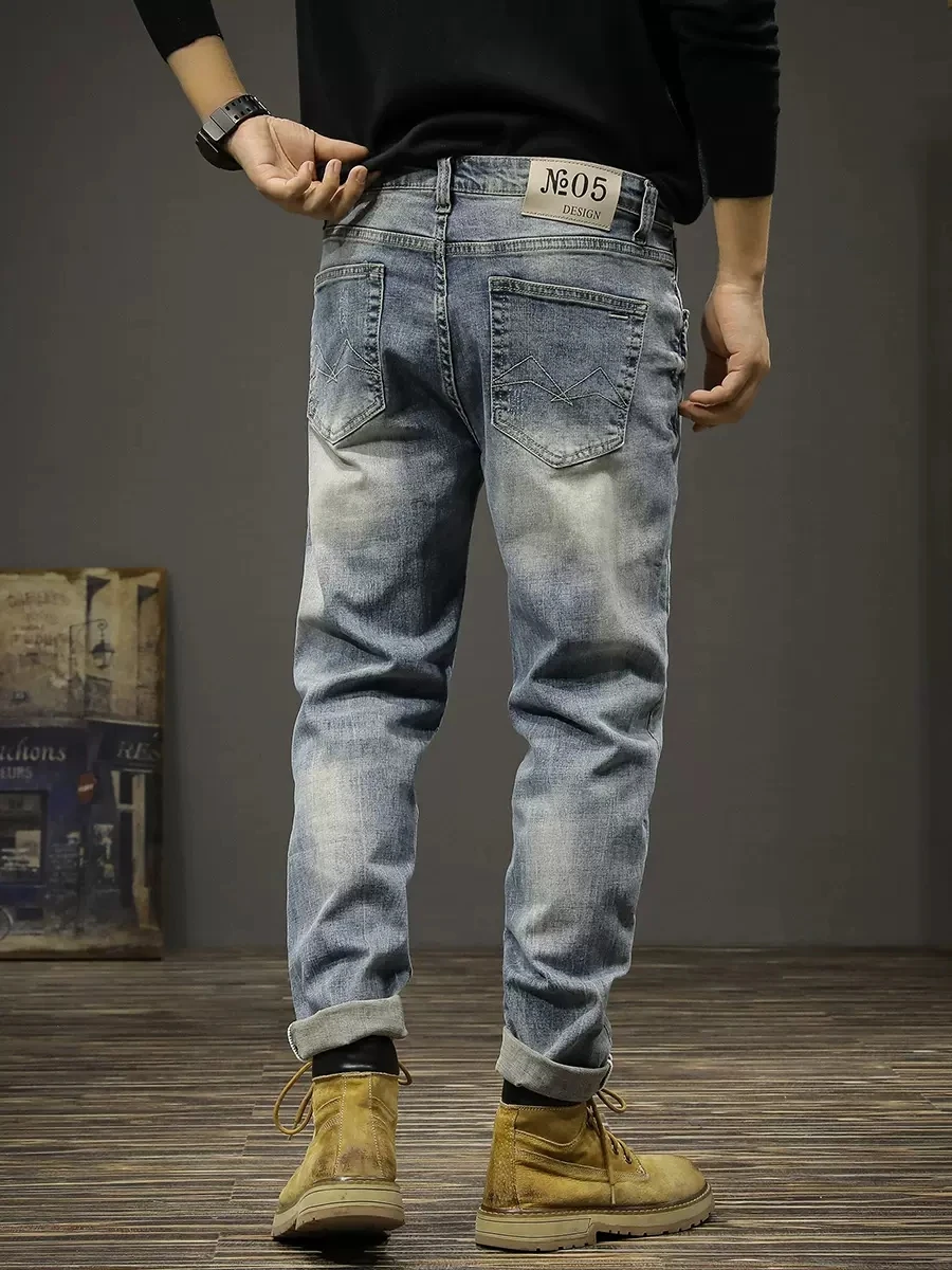 Newly Vintage Fashion Men Jeans Retro Blue Stretch Slim Fit Hole Ripped Jeans Men Trousers Casual Designer Denim Pants Hombre