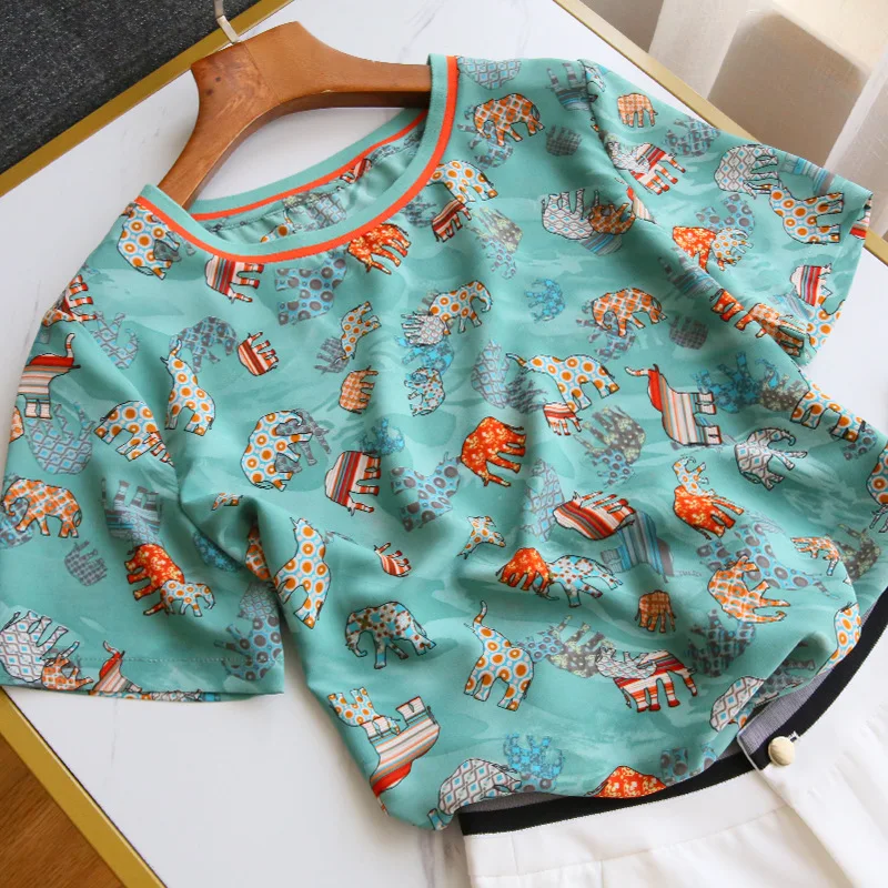 Женская шифоновая футболка в полоску с коротким рукавом и круглым вырезом -