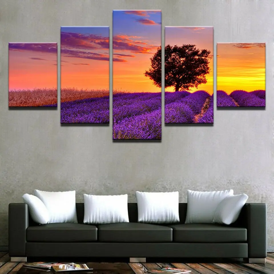 

Lonely Tree Lavender Flowers Field At Sunset 5 Panel Canvas Print Wall Art Decor HD Print Pictures Poster Home Decor No Framed