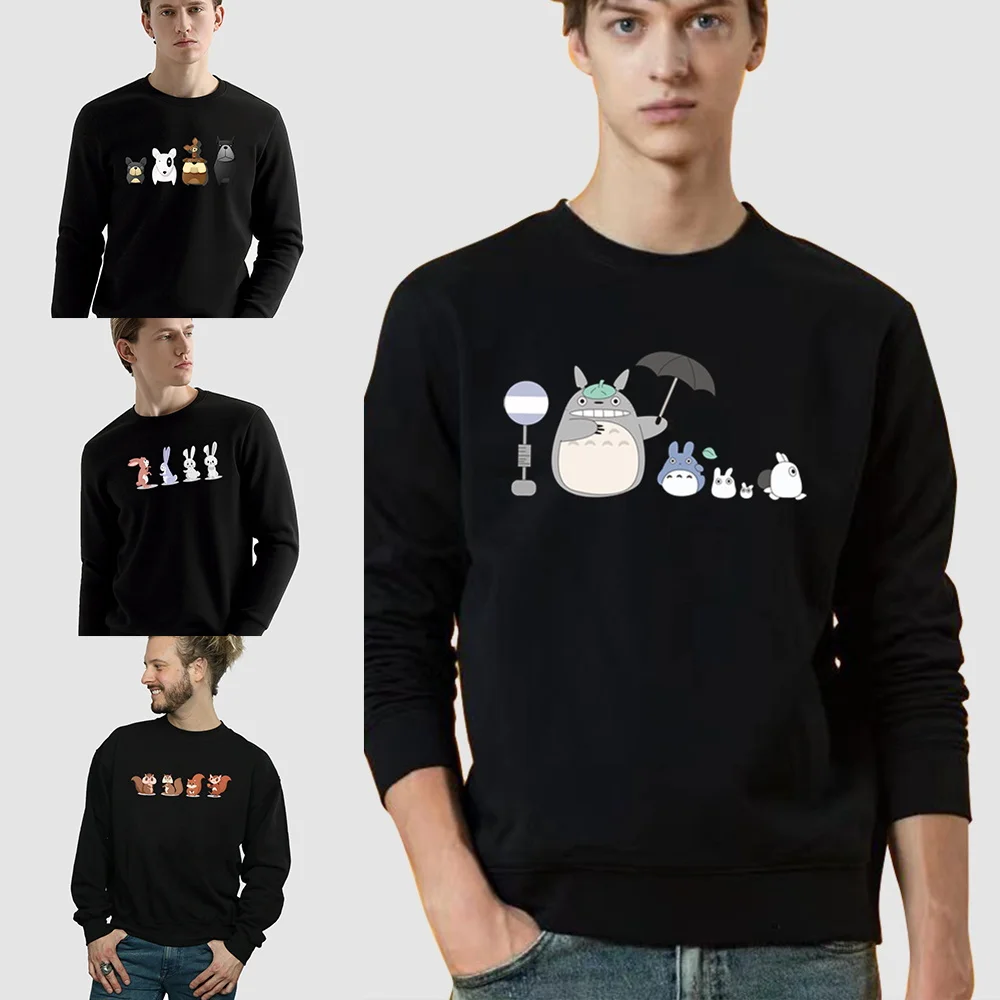 

Men's Round Neck Pullover Long Sleeve Spring Autumn Thin Black Sweatshirt Clothes Casual Comfortable Cartoon Series O-Neck Tops