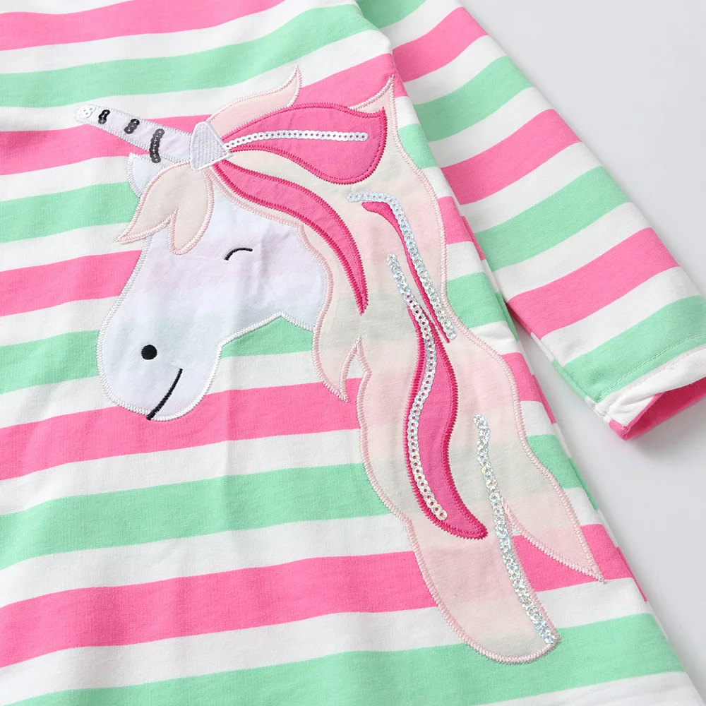 DXTON Children Unicorn Frocks Girls Dress for Autumn Spring Kids Cotton 100% Hooded Clothes Girls Striped Dress Kids Clothing