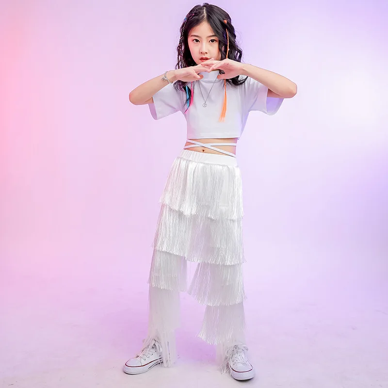 

Kids Cool Hip Hop Clothing Jazz Costumes Short Sleeves Top Fringes Pants For Girls Stage Show Catwalk Outfit Dancewear XS3957