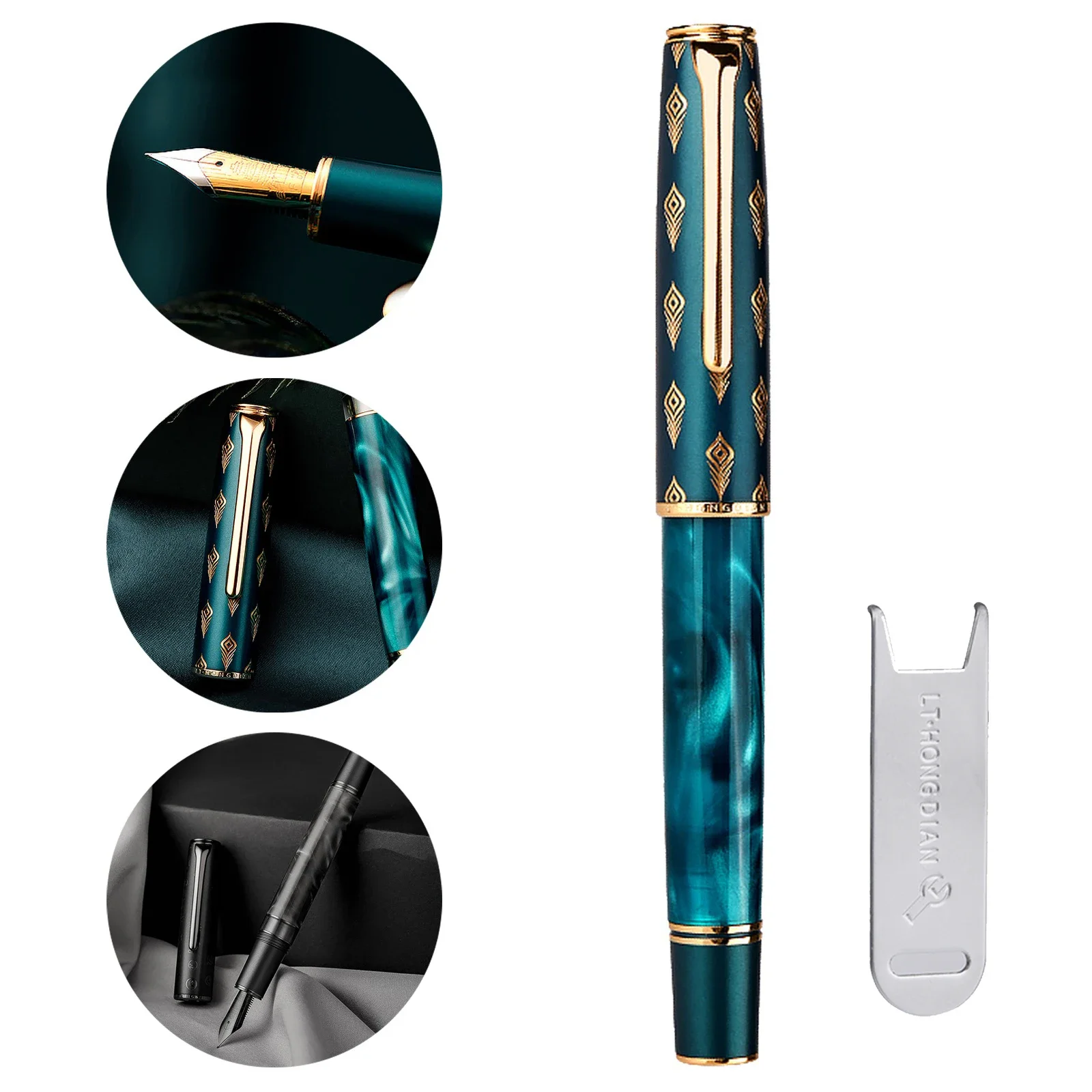 

0.4/0.5mm Smooth Green Office / Writing Piston Fountain Ink Resin Gray Gift Hongdian Pen Pen Cap Beautiful Peacock Totem