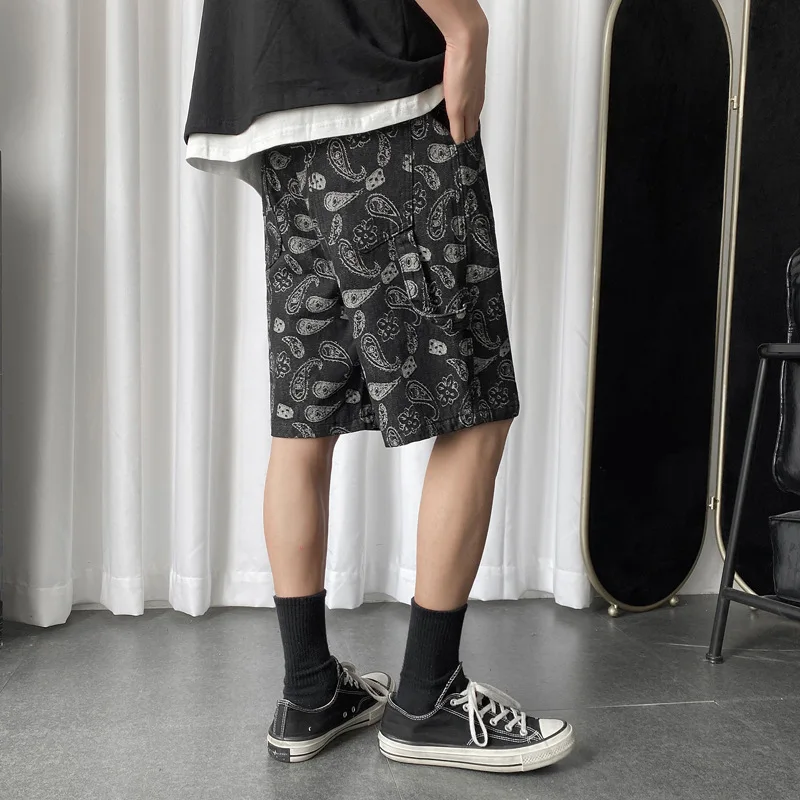 Streetwear Vintage Jeans Summer Fashion Printed Baggy Denim Shorts Men's Button Mid-Waist Denim Straight Shorts