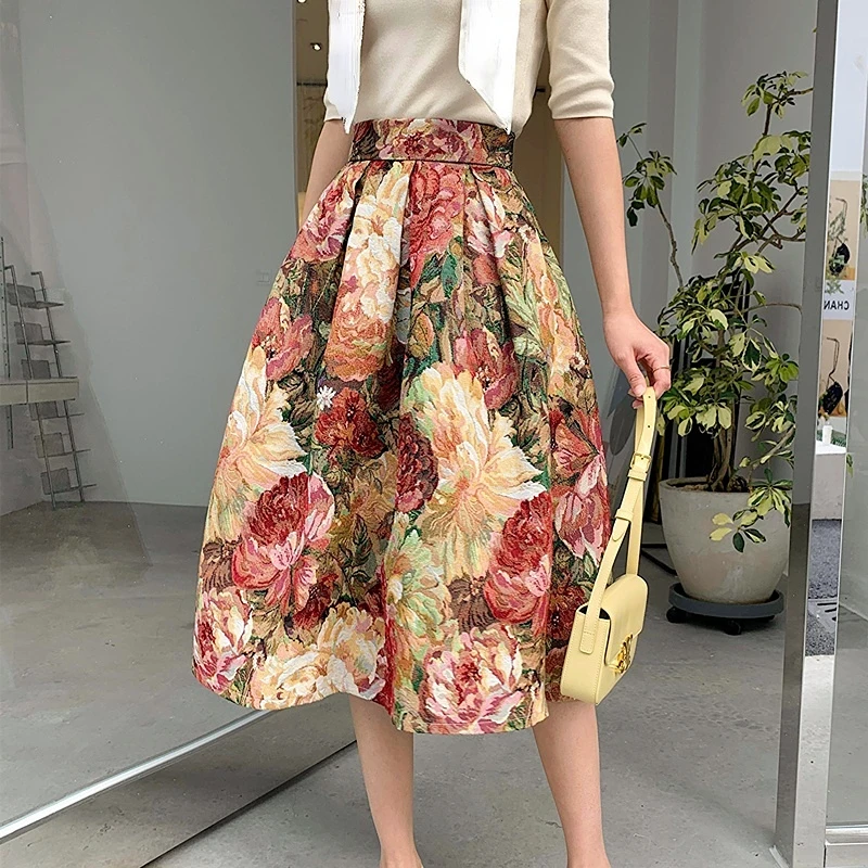 

2022 Winter Fall High Waisted Dobby Foral Ball Gown Skirt , Spring Woman Clothes Vintage Jacquard Skirts