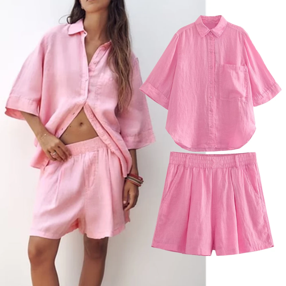 

Elmsk British Simple Pink Color Fashion Pocket Boyfriend Loose Summer Shirt Casual Bermuda Shorts Set Women