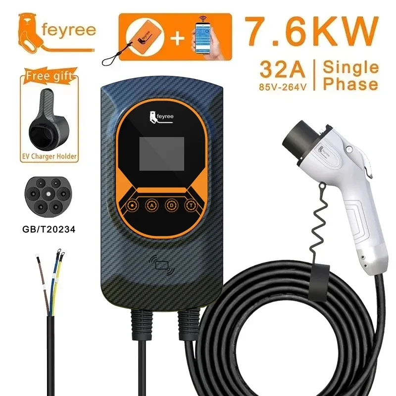 

feyree Зарядное устройство для электромобилей GB/T Шнур 16A 32A EVSE Wallbox 7KW 11KW 22KW APP Управление RFID-картой Кабель 5 м для электромобиля Автомобиля