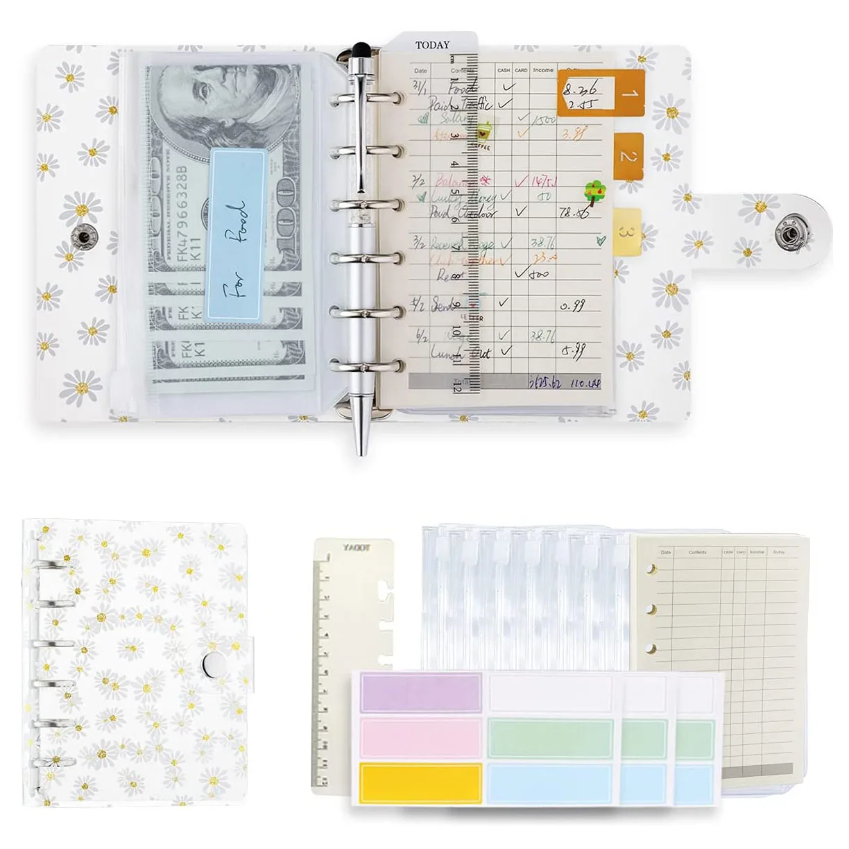 

A7 Clear Daisy Binder Notebook Budget Cash Envelopes Planner Organizer with Binder Pockets ,Ruler, Refill Paper ,Label Sticker