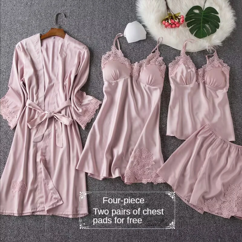 Sexy Women's Pajamas In Spring,Autunm and Summer,2023 New Ice Silk Thin Four-piece Set,Robe Suspender Sheepshirt With Bra Short