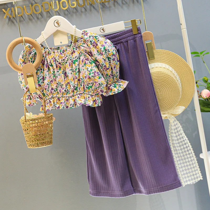 

Детский летний комплект одежды, блузка с коротким рукавом и цветочные длинные брюки, одежда для маленьких девочек, костюм 2021, комплекты детской одежды