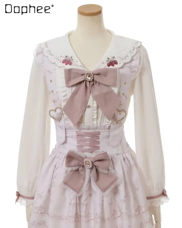 

Sweet Woman Ribbon Bow Diamond Heart Buckle Strap Skirt Japanese Style Women Removable Sleeveless Print Suspender Skirts