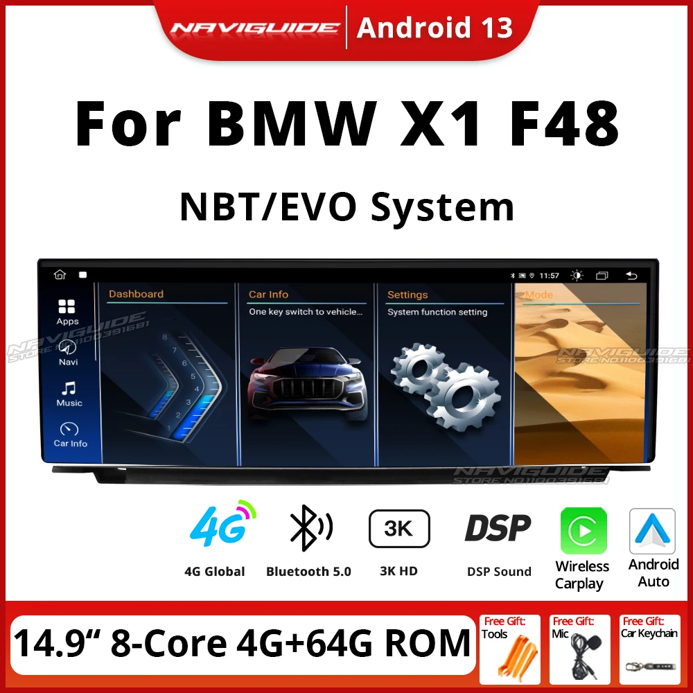 NAVIGUIDE Android 14 9 дюймов 2560*720P для BMW X1 F48 F49 2016-2022 NBT EVO Система Автомобильное радио