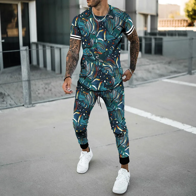 Men's Sets Summer 3D-Printed Graffiti Short Sleeve Shirt Trousers Suit Male Breathable Activewear Splatter T-shirt Pants Sets