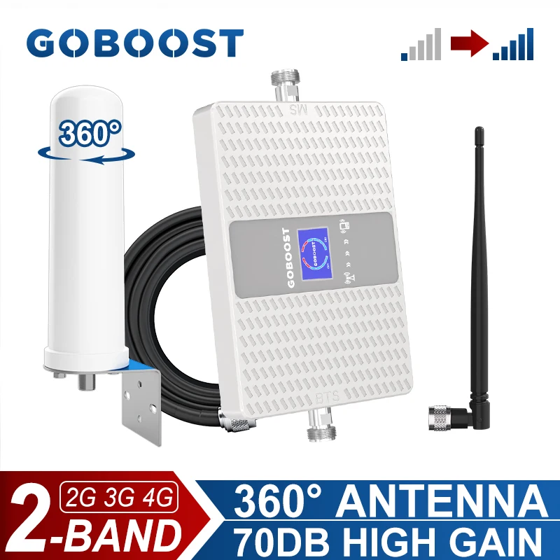 GOBOOST Signal Booster Dual Band 70dB 2G 3G 4G Network Repeater 850 900 1700 1800 1900 2100 MHz Cellular Amplifier 360° Antenna