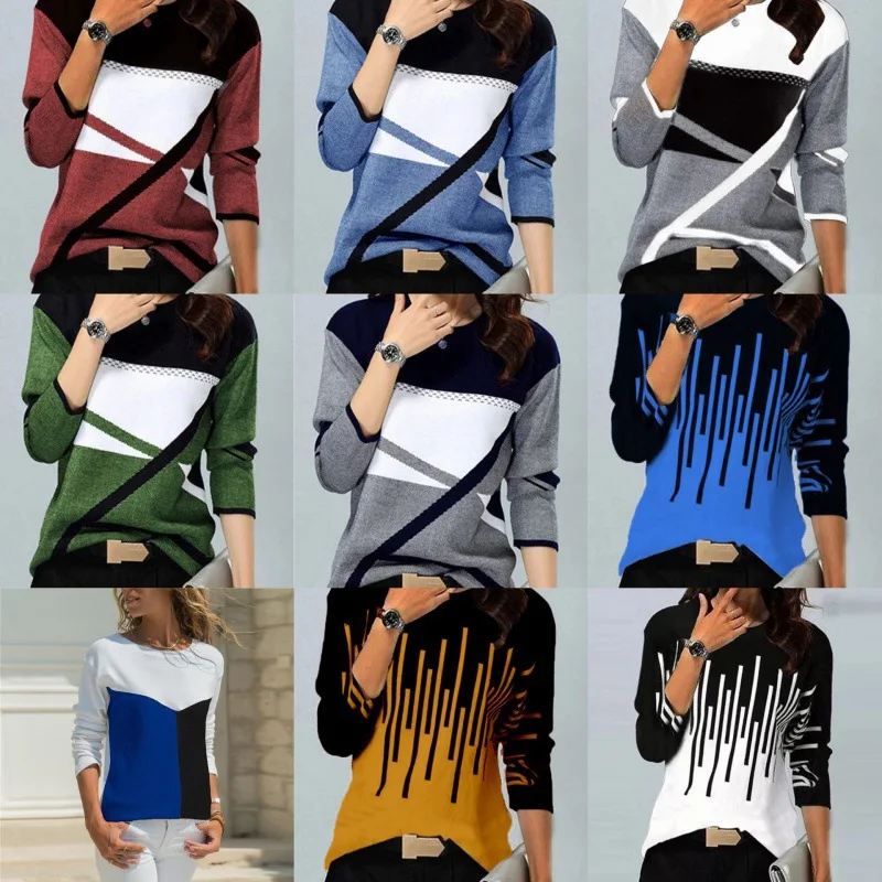 

2022 European and American women's autumn/winter new color positioning printed round collar long sleeve T-shirt