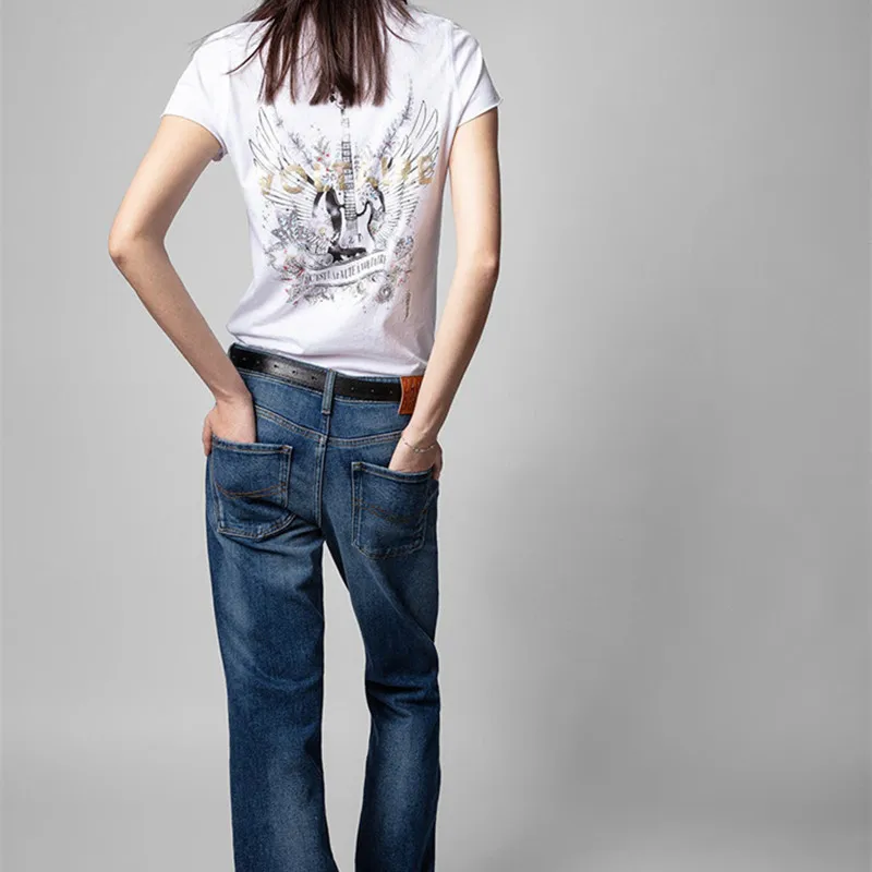 

New Arrvial Zv Tshirts New Fashion Glitter Print Zadig Tshirt Spring Summer Tops for Women Casual Street Tshirts for Women