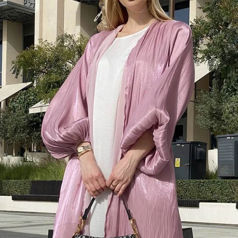 Muslim Dress Women Abaya Middle East Dubai Hijab Cardigan Gown Satin Lace Up Bubble Sleeve Vestidos Largos Robe Femme Musulmane