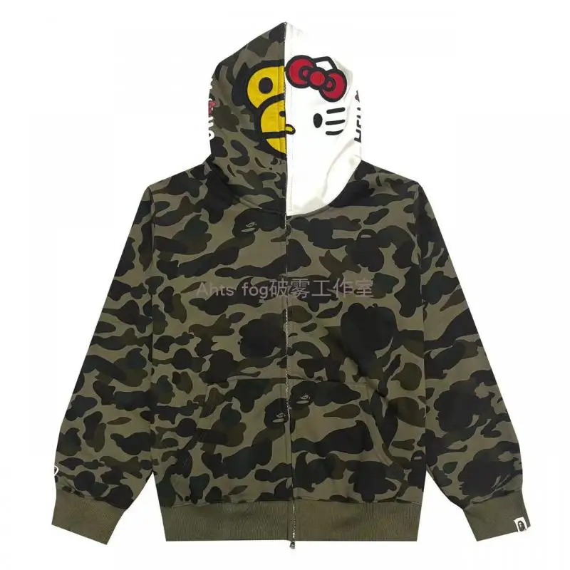 Sanrioed Hello kitty Cartoon Japanese Style Original Half Spell Shark Camouflage Men and Women Hoodie Cardigan Pure Cotton