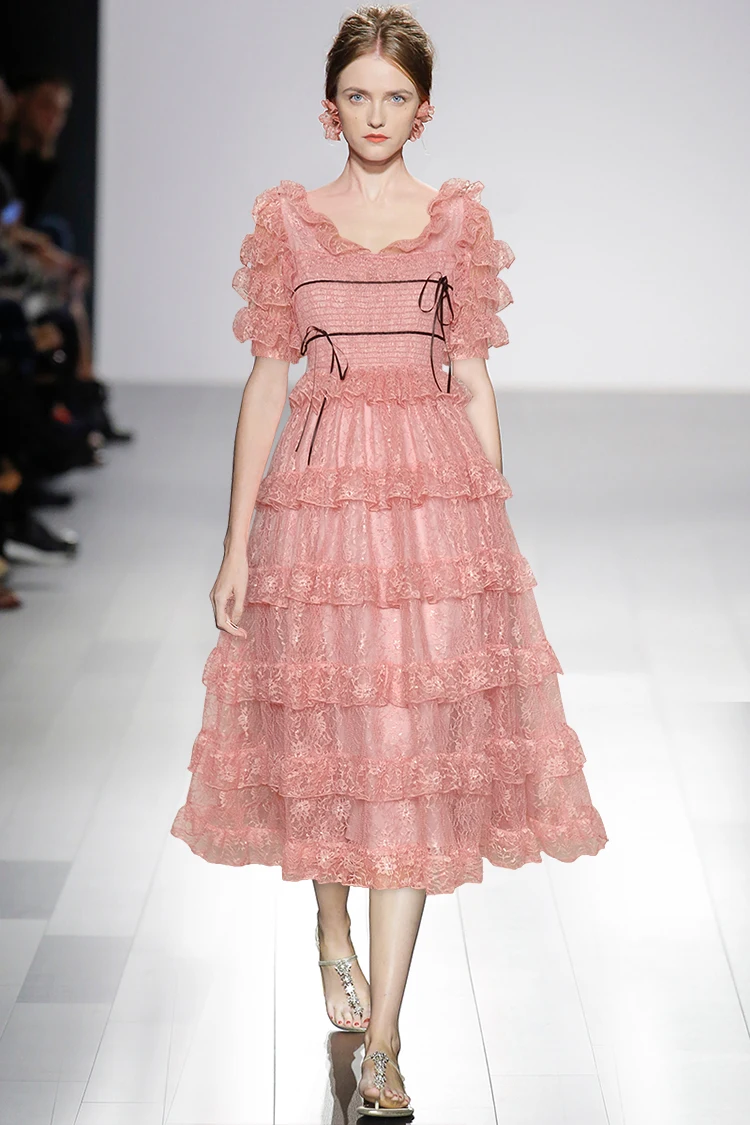 

Gedivoen Fashion Runway Summer Midi Dress Women Short sleeve Elastic waist Ruffles splicing Lace Vintage Party Pink Dress