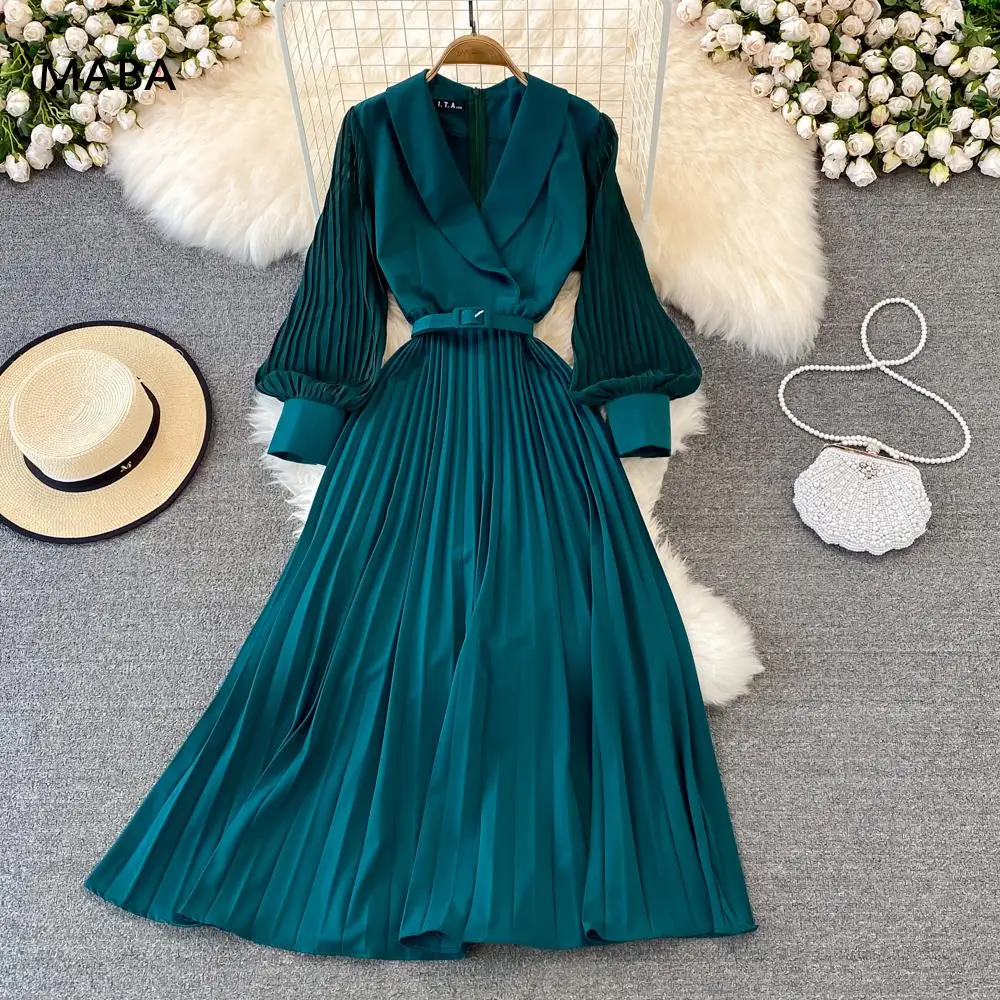 

Elegant Women Pleated Blazer Dress Spring Autumn Notched Neck Long Sleeve High Waist Solid Temperament Office Lady Maxi Dresses