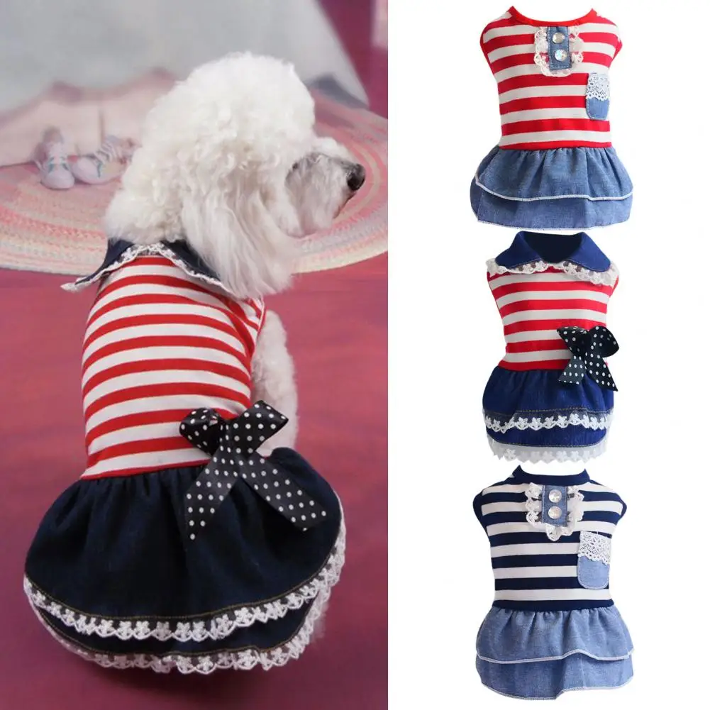 

Pet Dress Stripe Pattern Bow Tie Thin Windproof Pleated Edge Adorable Summer Small Dog Princess Cosplay Costume