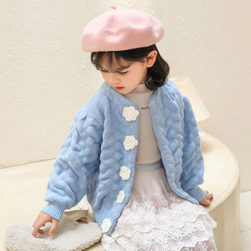Spring And Autumn Girls' Sweater Knitwear Children'S Clothing Cardigan 2022 New Girls' Bubble Sleeve Coat Handmade Rose Sweater