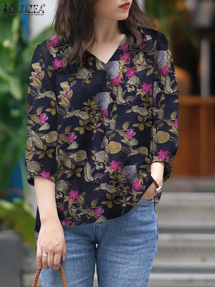 

Винтажная летняя блузка с V-образным вырезом и рукавом 3/4, Женская богемная рубашка с цветочным принтом ZANZEA, женские свободные топы, туника, повседневные праздничные Блузы