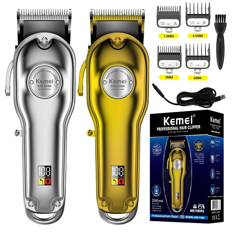 

Kemei KM-1986 Rechargeable Hair Trimmer Oil Head Electric Haircut Stainless Steel Blade Professional All-metal Body Hair Clipper