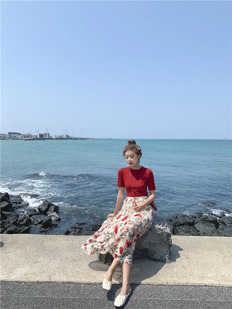 

2022 Summer New Age-reducing Elastic Waist Waist Casual All-match Fashion Street Thin Floral Chiffon Large Pleated Skirt