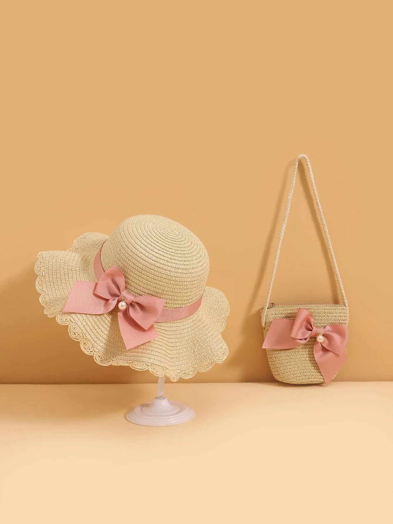 

Toddler Girls Faux Pearl & Bow Decor Straw Hat & Bag