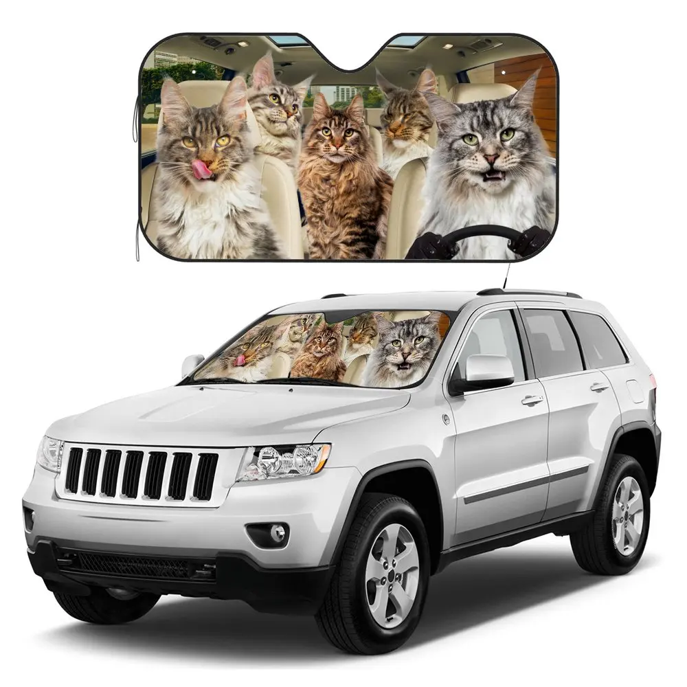Maine Coon Cat Driving Car Interior Front Windshield Sun Shade Auto Accessories Sunshade for Truck SUV- Blocks Uv Rays Protector