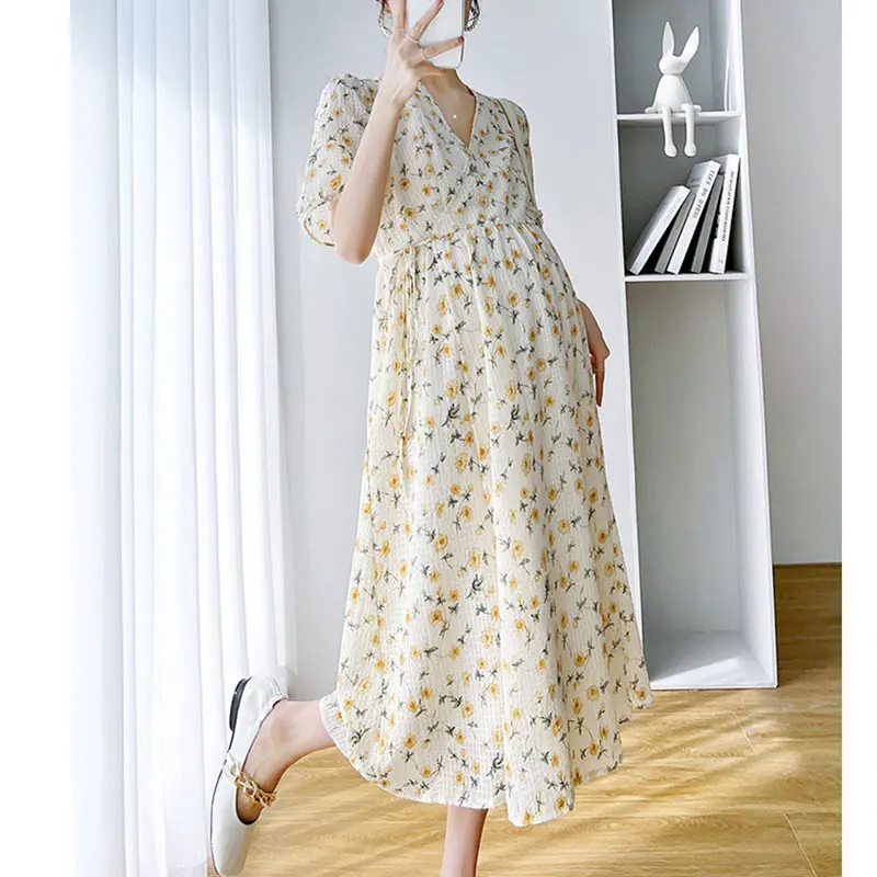 

Maternity Dresses Photography Summer Sexy V Neck Short Sleeve Pregnancy Clothes Fashion Floral Party Dress for Pregnant Women