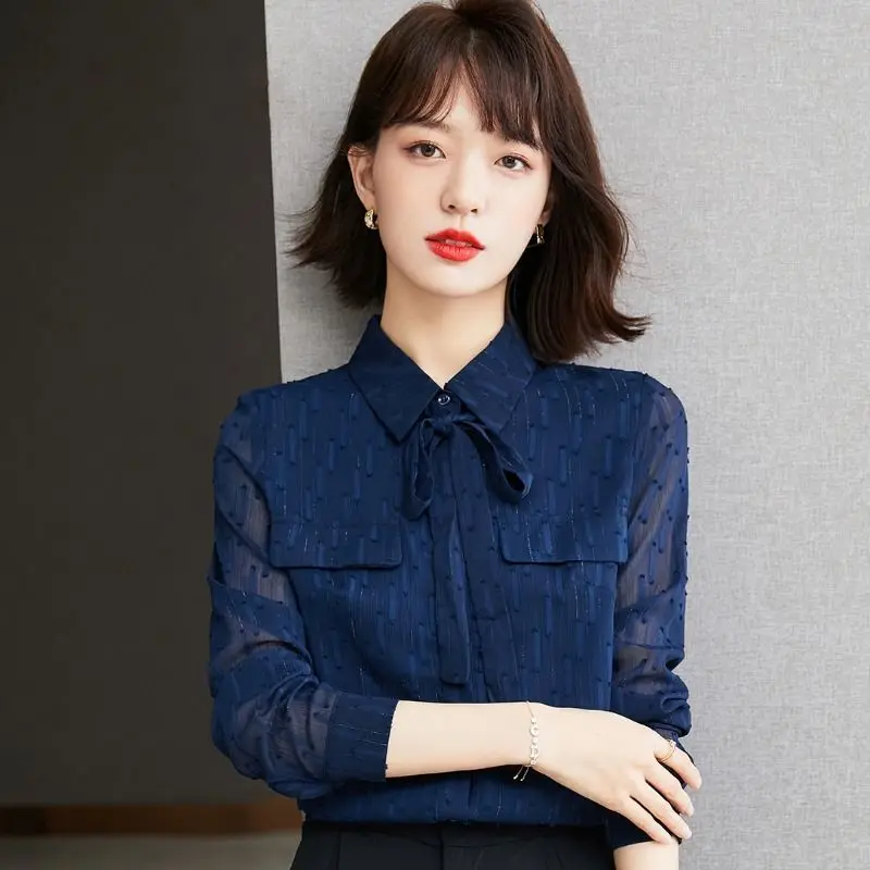 POLO Shirt Women's Spring and Autumn New Fashion Long Sleeve Bow Top Professional Chiffon Bottoming Blouse