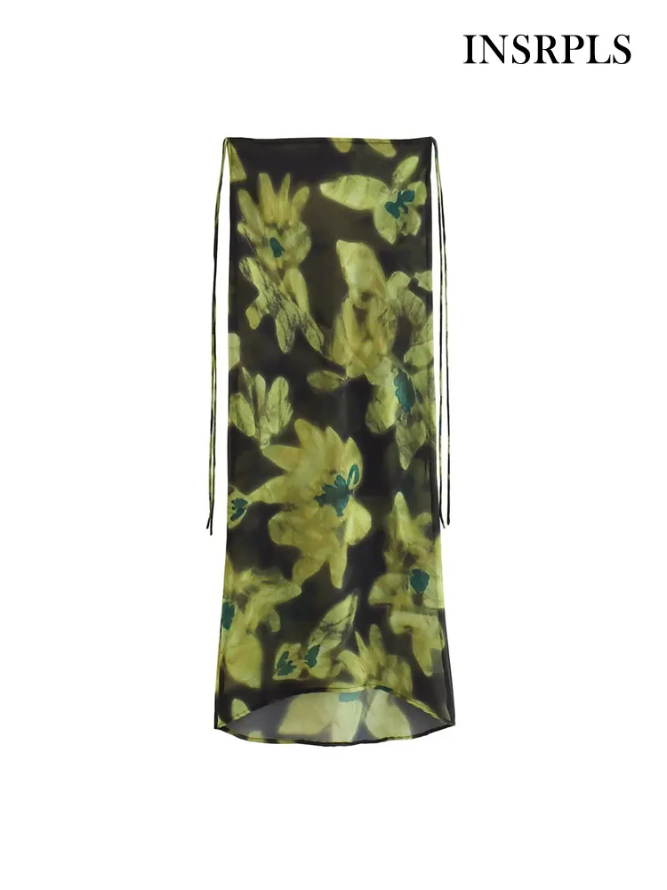 

INSRPLS Women Fashion Printed Asymmetric Midi Skirt Vintage High Waist With Tied Female Skirts Mujer