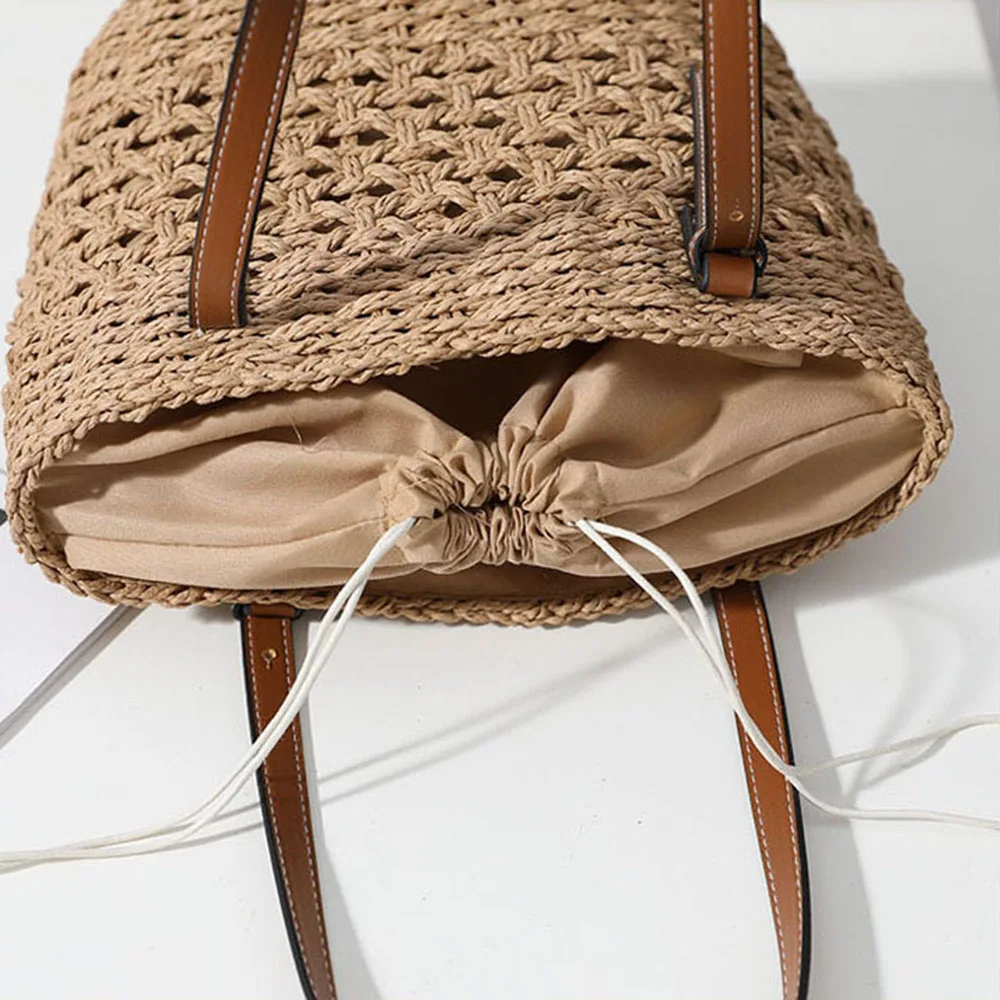 Vacation Beach Weave Tote Bag Large Capacity PU Leather Top-handle Casual Portable Braided Hollow Out Rattan Big Basket Satchel