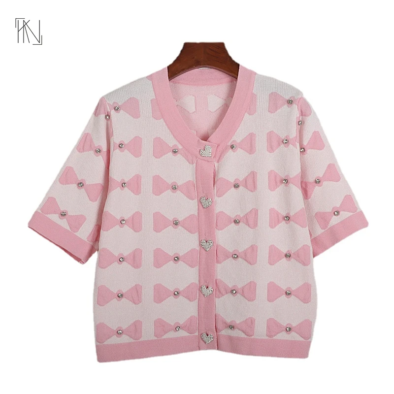 

Tweed Love Button Five-part Sleeve Knitted Cardigan Fall 2022 New Women French Bow Print Round Neck Loose Single-breasted Jumper