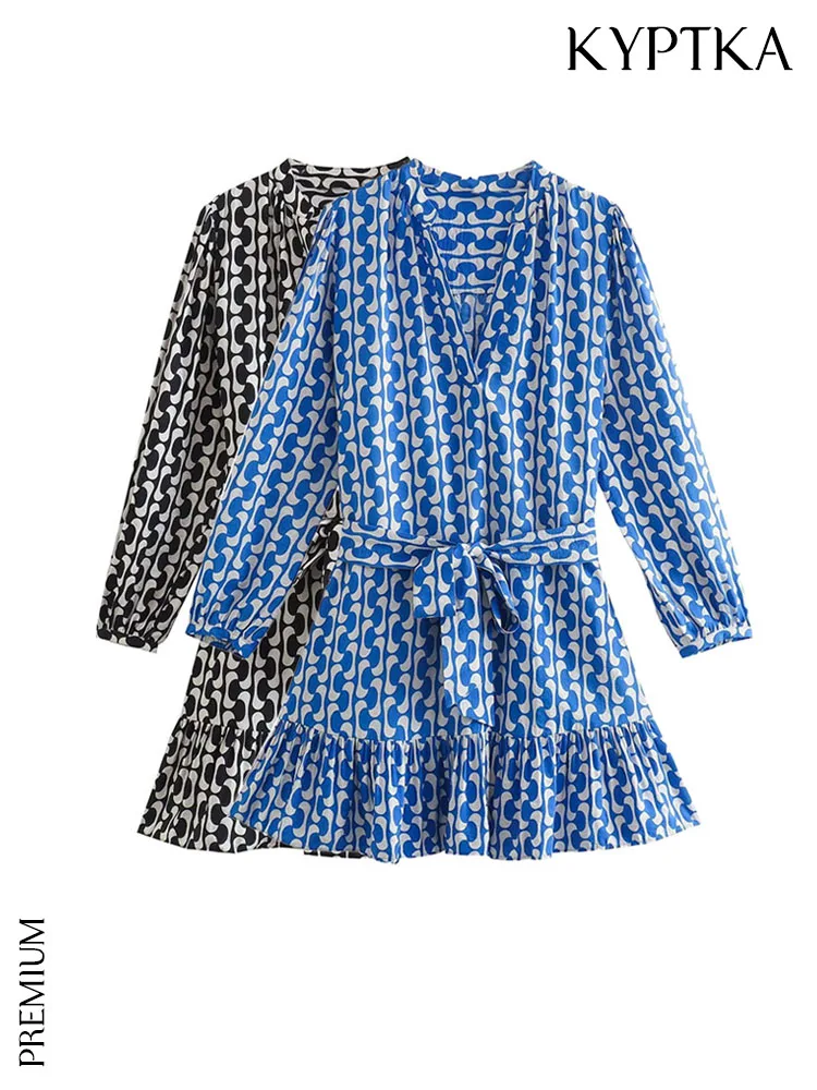 

Женское мини-платье с поясом KYPTKA, черное винтажное платье с V-образным вырезом, длинным рукавом и оборками на лето 2019