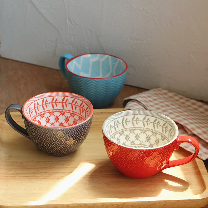 

Ceramic Hand Painted Coffee Cup Mug for Tea Creative Teacup Vintage Breakfast Cups Cafe Embossed Tea Cup Colorful Handpainted