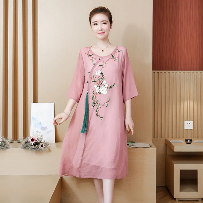 

Embroidery Cotton Linen Dress Women Chinese Ethnic Style Vintage Vestidos 2022 Summer New Female Loose Casual O-neck Dresses