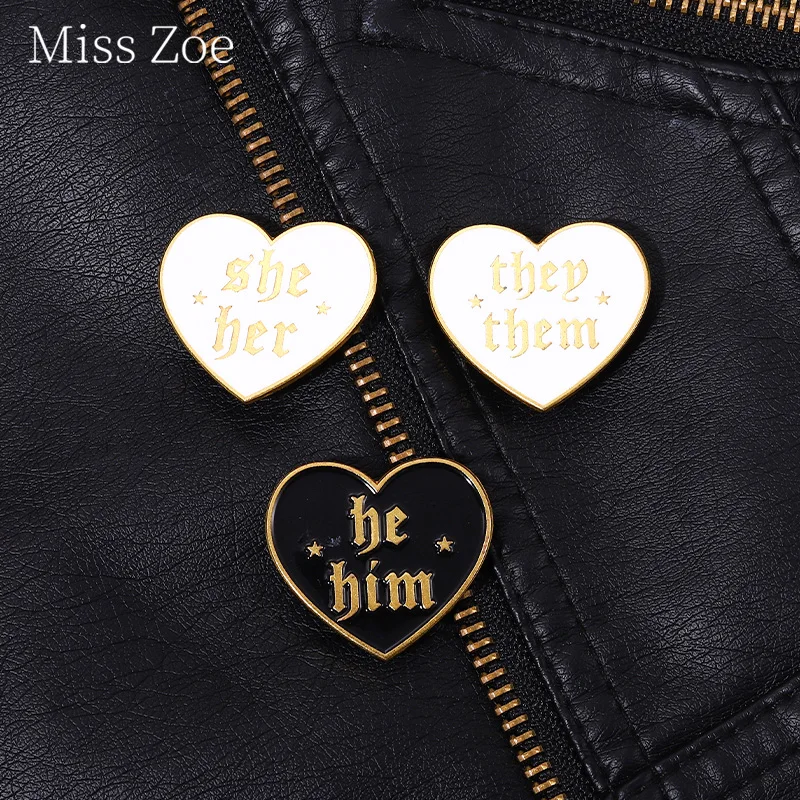 

Black And White Heart Feminism Enamel Pins He Him She Her Pronoun For Backpack Jewelry Lapel Badge Metal Alloy Brooch For Lovers